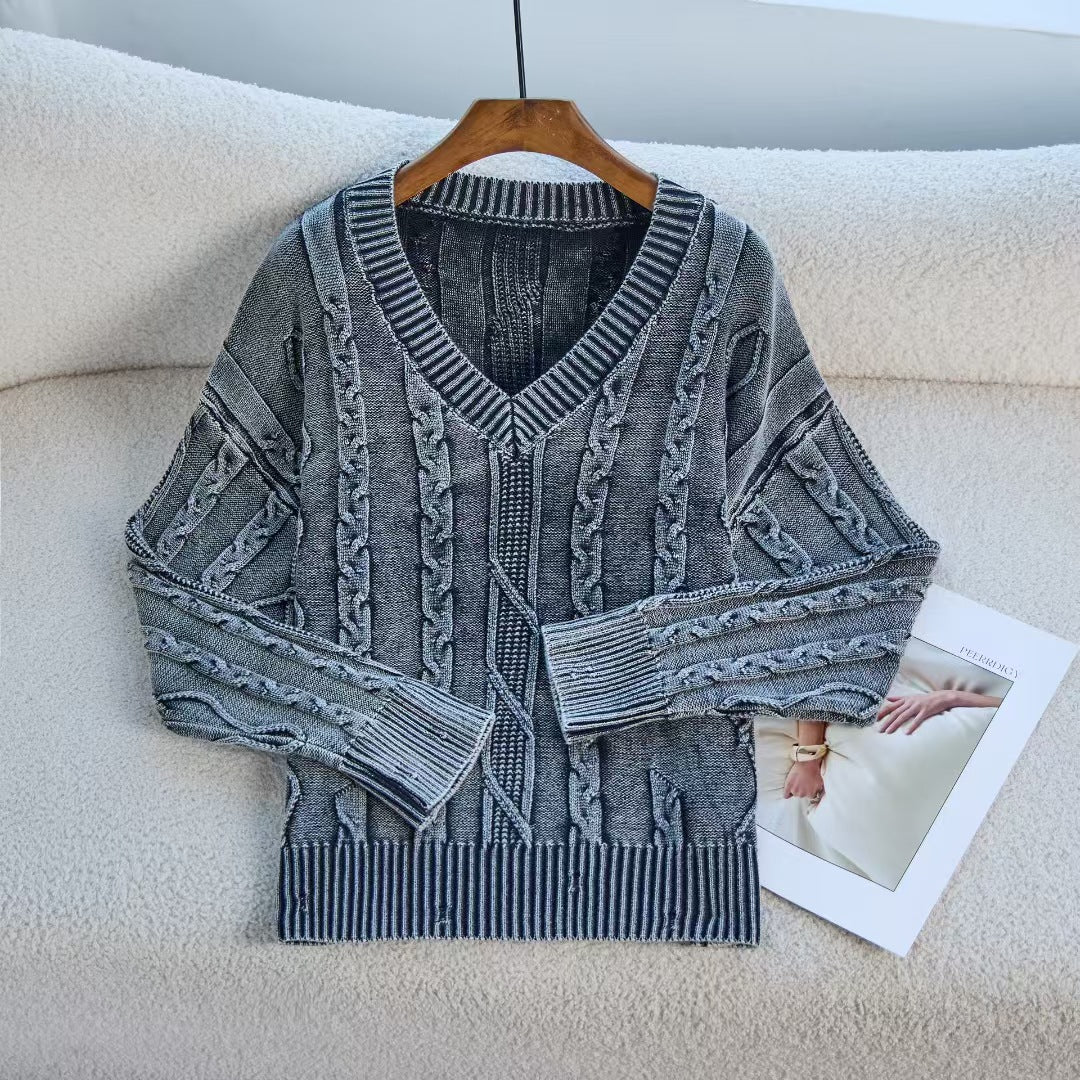 Damen Modischer Strickpullover mit V-Ausschnitt und Zopfmuster R&B