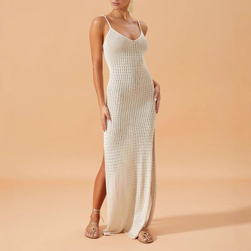 Damen luftiges Strick-Maxikleid mit verführerischen Seitenschlitzen R&B