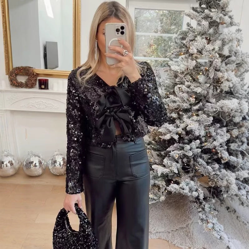 Damen elegante Lurex-Partyjacke mit Rüschen und schönen Schleifen R&B