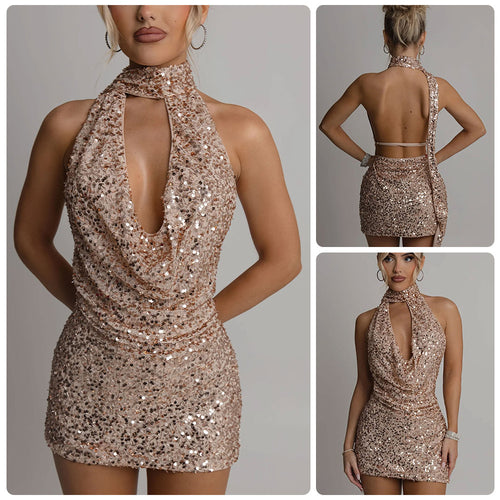 Damen Glamouröses Paillettenkleid mit schimmerndem Halterdesign R&B