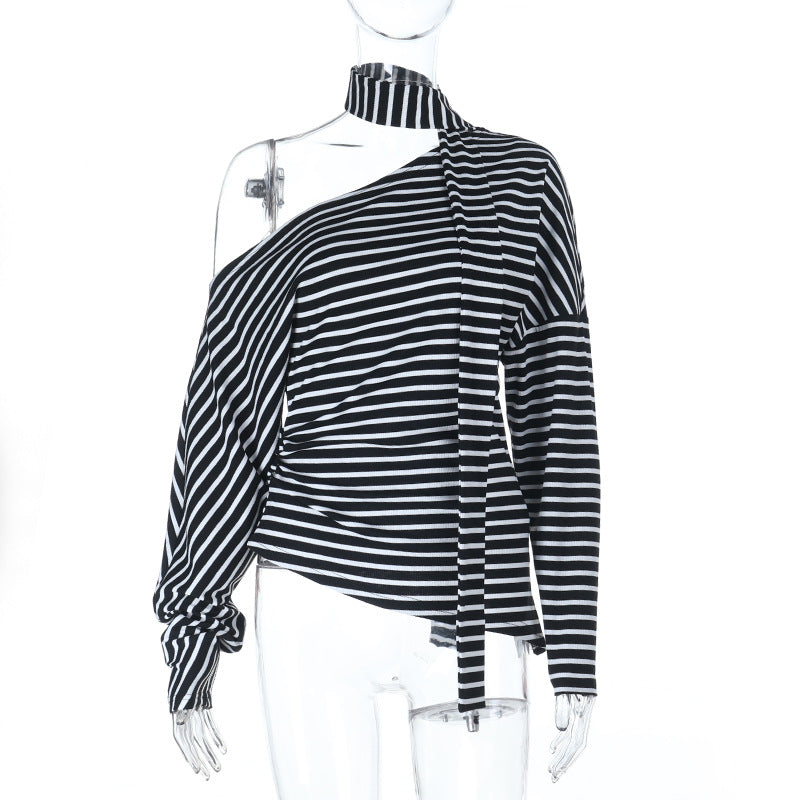 Damen asymmetrisches Streifenoberteil mit schulterfreiem Design und eleganter Schluppe R&B