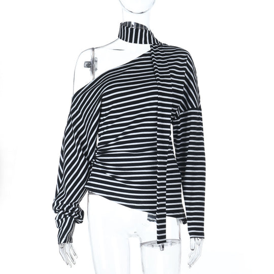 Damen asymmetrisches Streifenoberteil mit schulterfreiem Design und eleganter Schluppe R&B