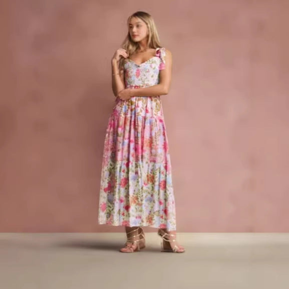 Damen Kleid mit verspieltem Floral-Design und Rüschenärmeln R&B