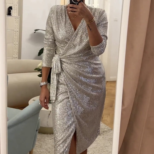 Damen Glamouröses Pailletten-Kleid mit Wickeloptik und langen Ärmeln R&B