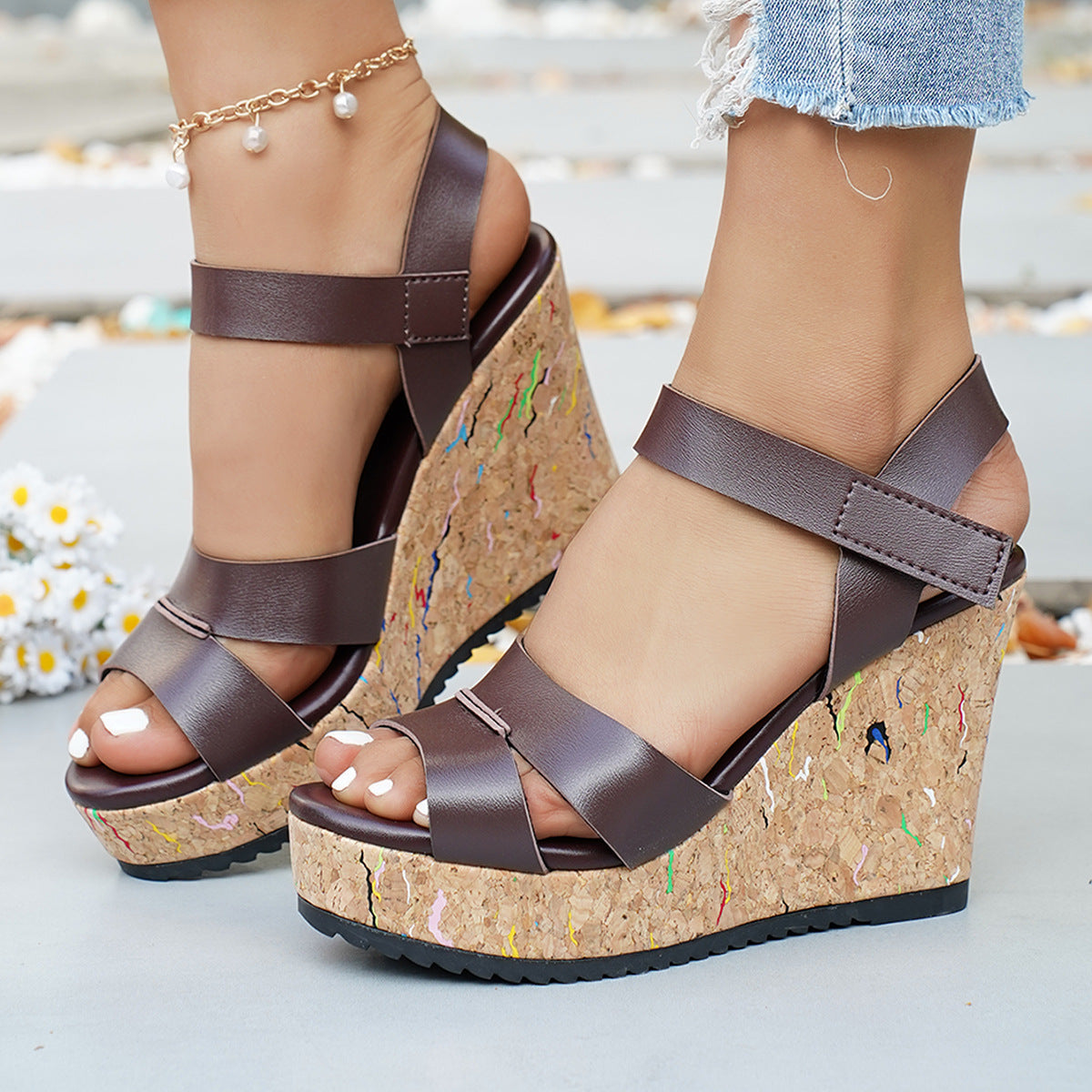 Damen Wedge-Sandalen mit verstellbaren Riemen und rutschfester Korksohle R&B