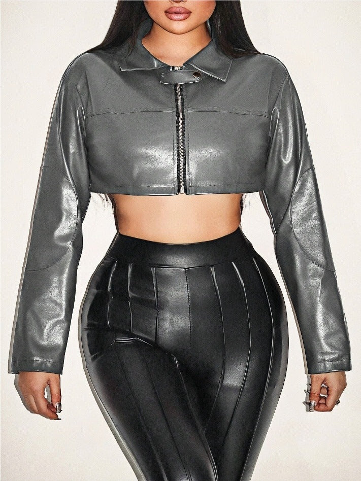 Damen cropped Kunstlederjacke mit innovativem Reißverschluss R&B