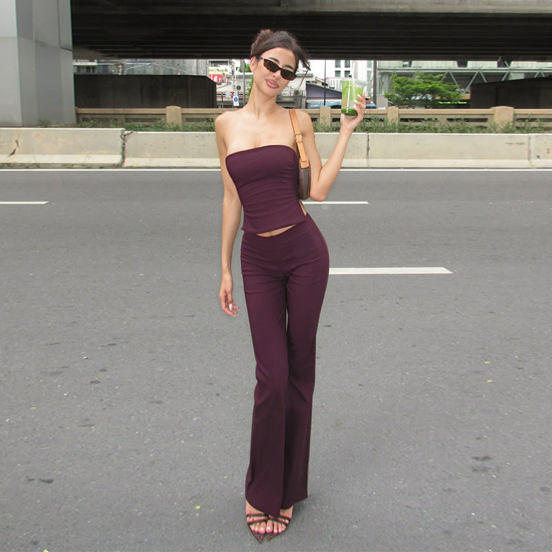 Damen elegantes Set aus trägerlosem Oberteil und flared Hose R&B