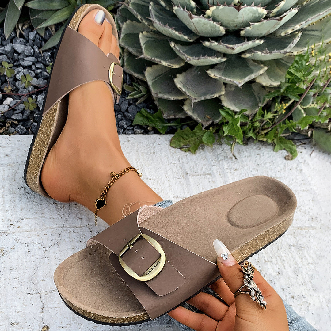 Damen Komfortable Fußbett-Sandalen mit breitem Riemen und glänzender Schnalle R&B
