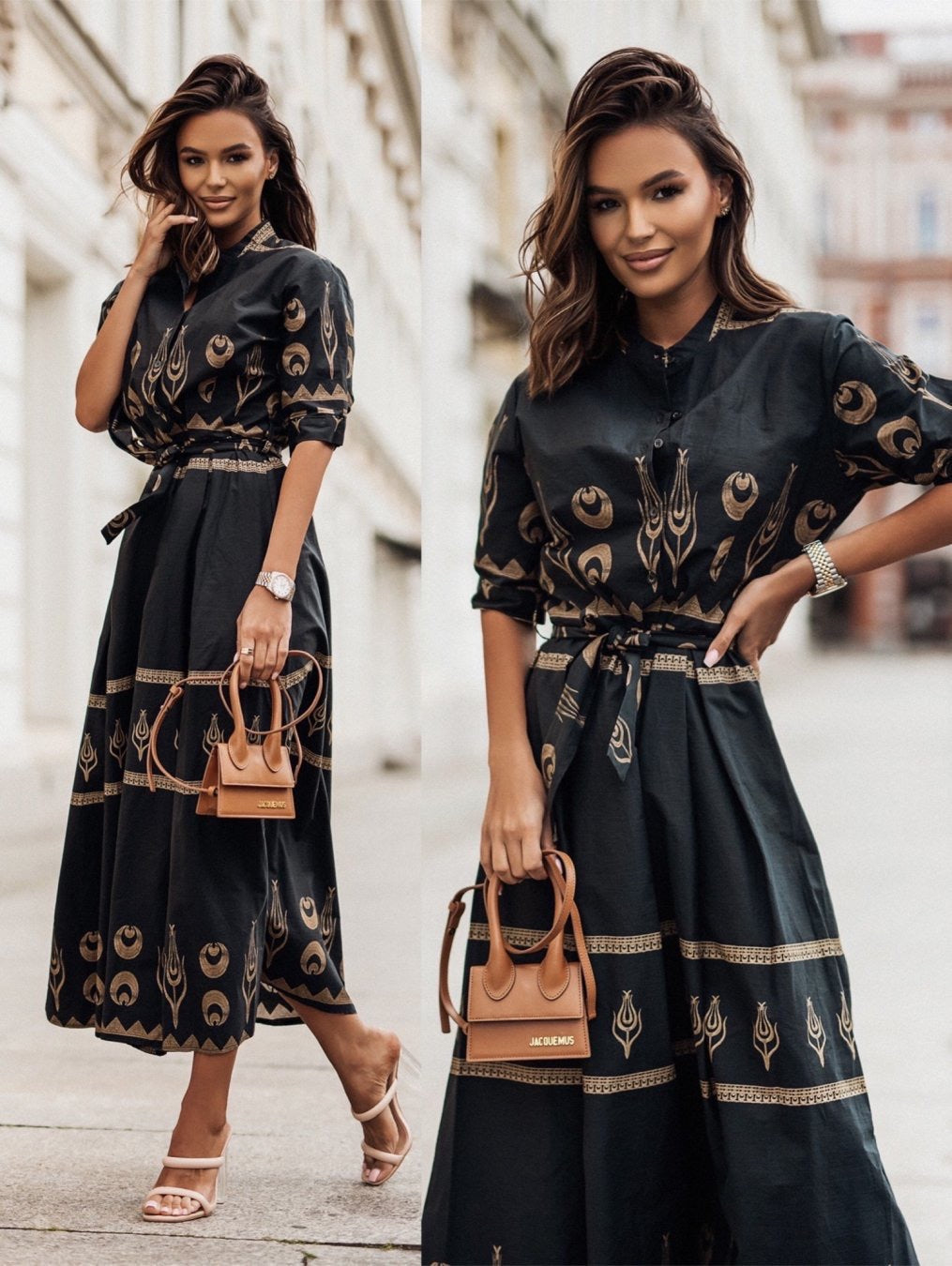 Damen Hemdblusenkleid mit elegantem Muster und tailliertem Gürtel R&B