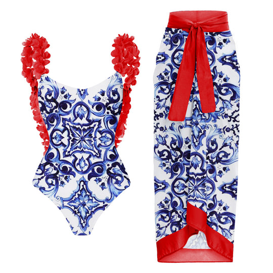 Damen eleganter Badeanzug mit Rüschendetails und passendem Maxirock R&B