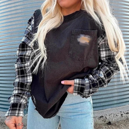 Damen nan Oversize-Sweatshirt im Materialmix mit Karoärmeln und aufgesetzter Brusttasche R&B