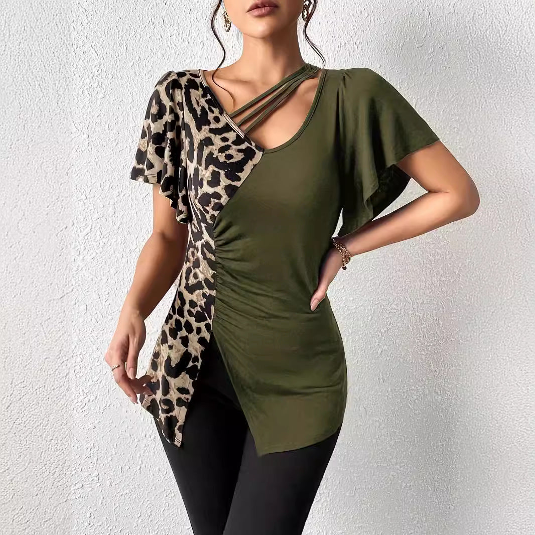 Damen Designermode Oberteil mit asymmetrischem Schnitt und Leopardenmuster R&B