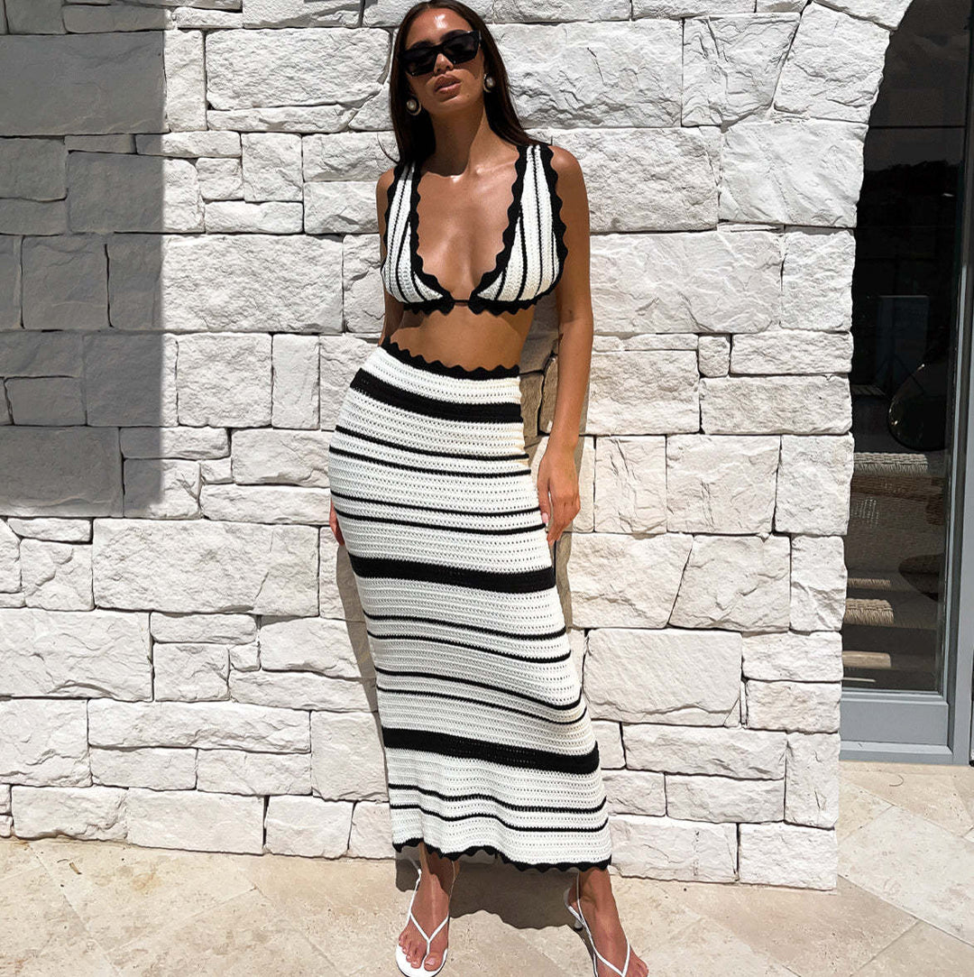 Damen gestricktes Crop-Top und Maxi-Rock Set R&B