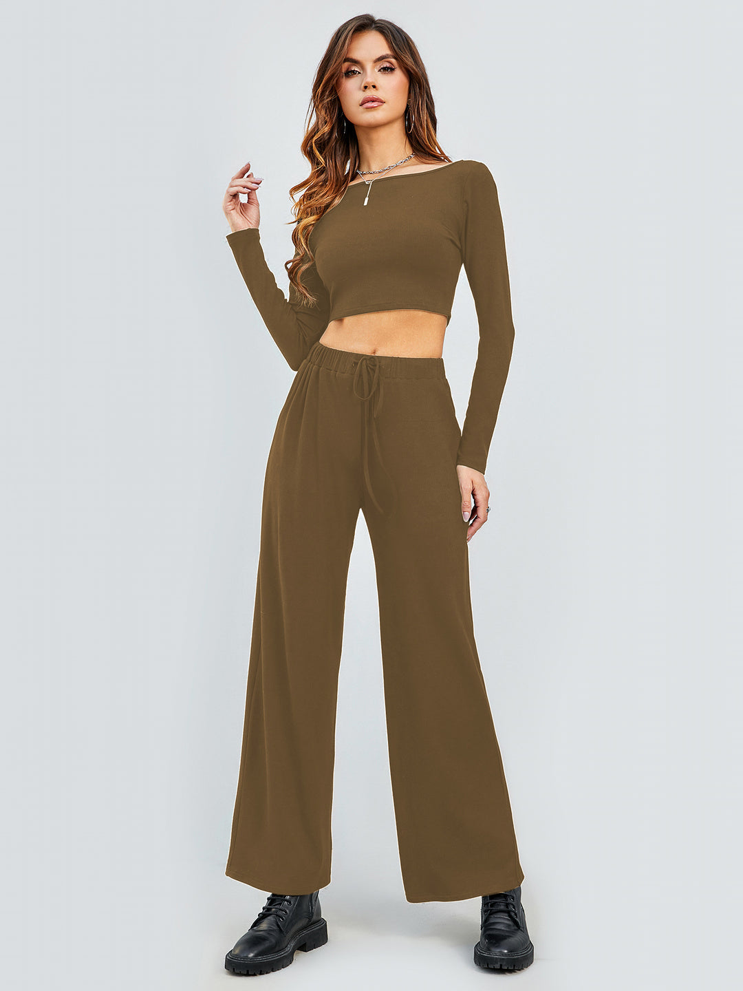 Damen Cropped Oberteil und Weite Hose Set R&B