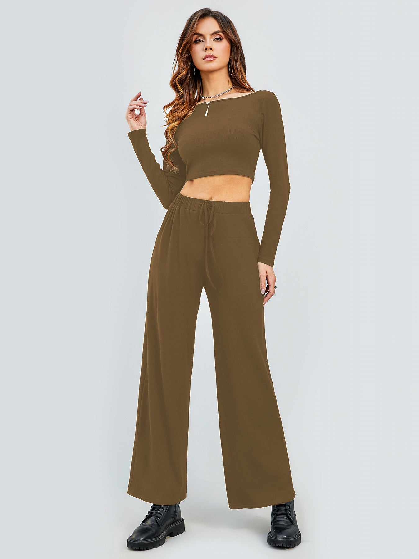 Damen Cropped Oberteil und Weite Hose Set R&B