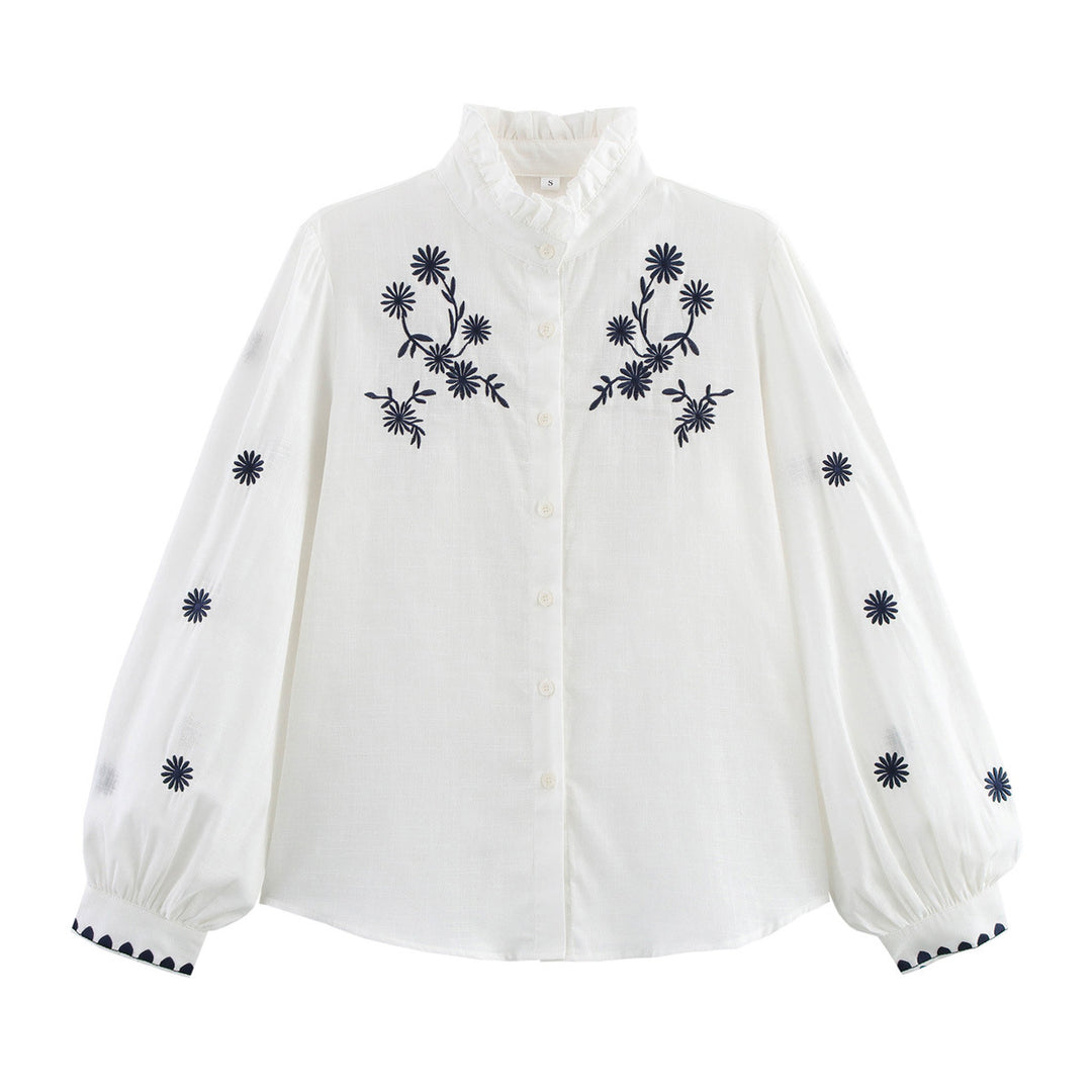 Damen Bestickte Bluse mit Stehkragen und langen Ärmeln R&B