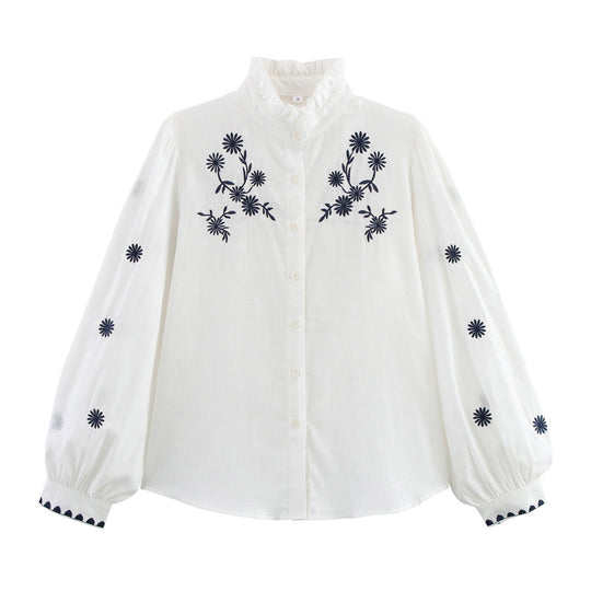 Damen Bestickte Bluse mit Stehkragen und langen Ärmeln R&B