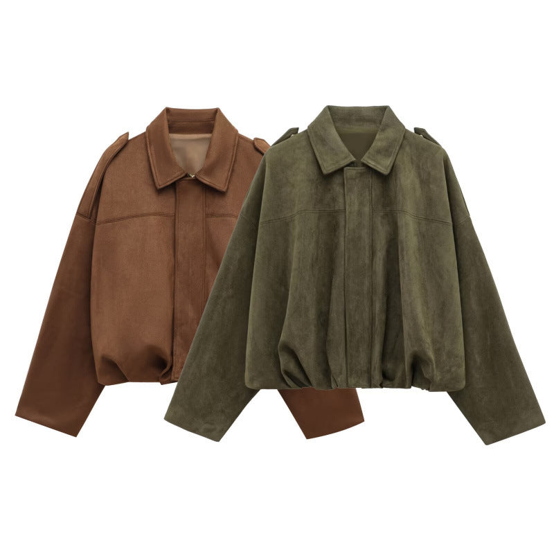 Damen modische Oversize-Jacke aus weichem Kunstleder mit dekorativen Details R&B