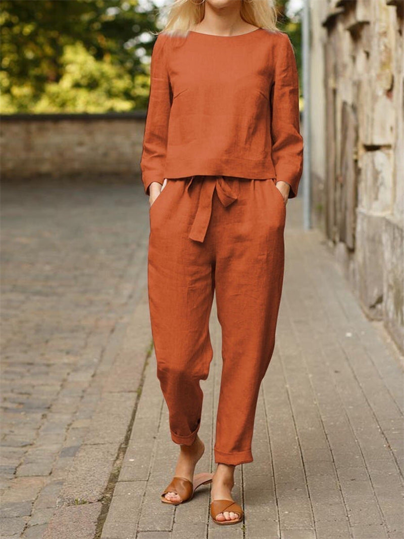 Damen Lässiges Zweiteiliges Leinen-Outfit mit breitem Bund R&B