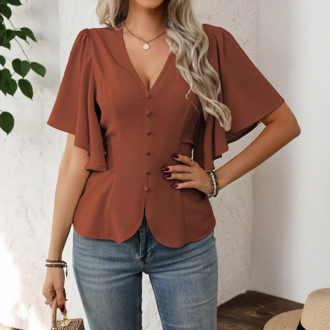 Damen elegante Bluse mit Glockenärmeln und Knopfdetail R&B