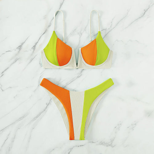 Damen Zweiteiliges Bikini-Set mit dreifarbigen Design und hohem Beinausschnitt R&B