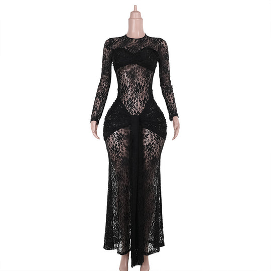 Damen Spitzen-Maxikleid mit figurbetonendem Schnitt und langem Arm R&B