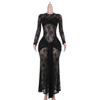 Damen Spitzen-Maxikleid mit figurbetonendem Schnitt und langem Arm R&B