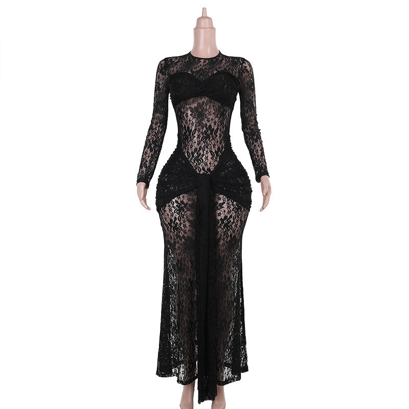 Damen Spitzen-Maxikleid mit figurbetonendem Schnitt und langem Arm R&B