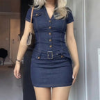 Damen Denim Kleid mit modernen Knopfdetails und taillierter Silhouette R&B