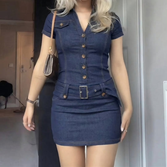 Damen Denim Kleid mit modernen Knopfdetails und taillierter Silhouette R&B