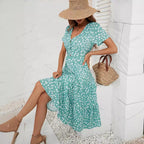 Damen Midi-Kleid mit knopflosem V-Ausschnitt und voluminösem Rock R&B