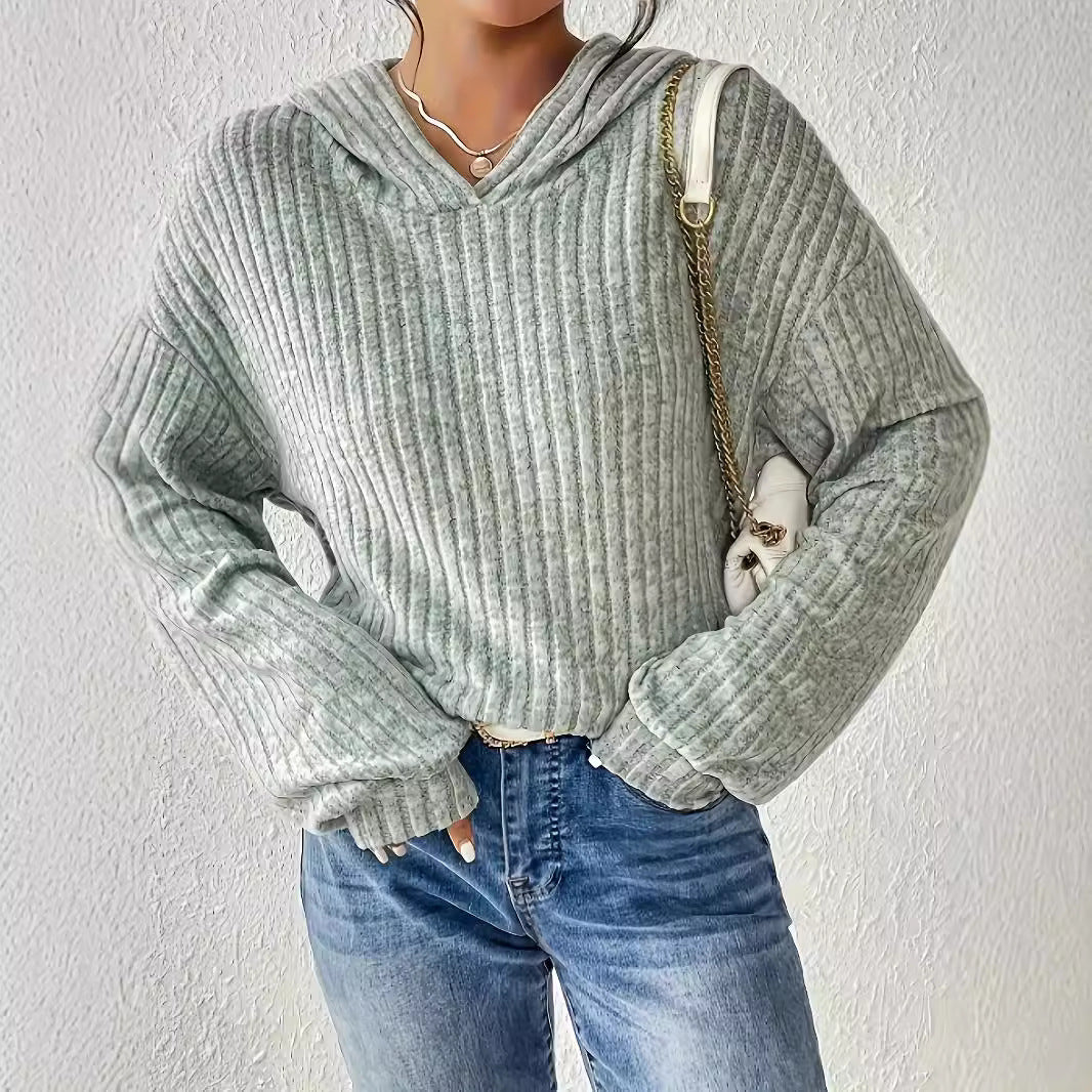 Damen lässiger Pullover mit strukturiertem Rippdesign und bequemem Kapuzenkragen R&B