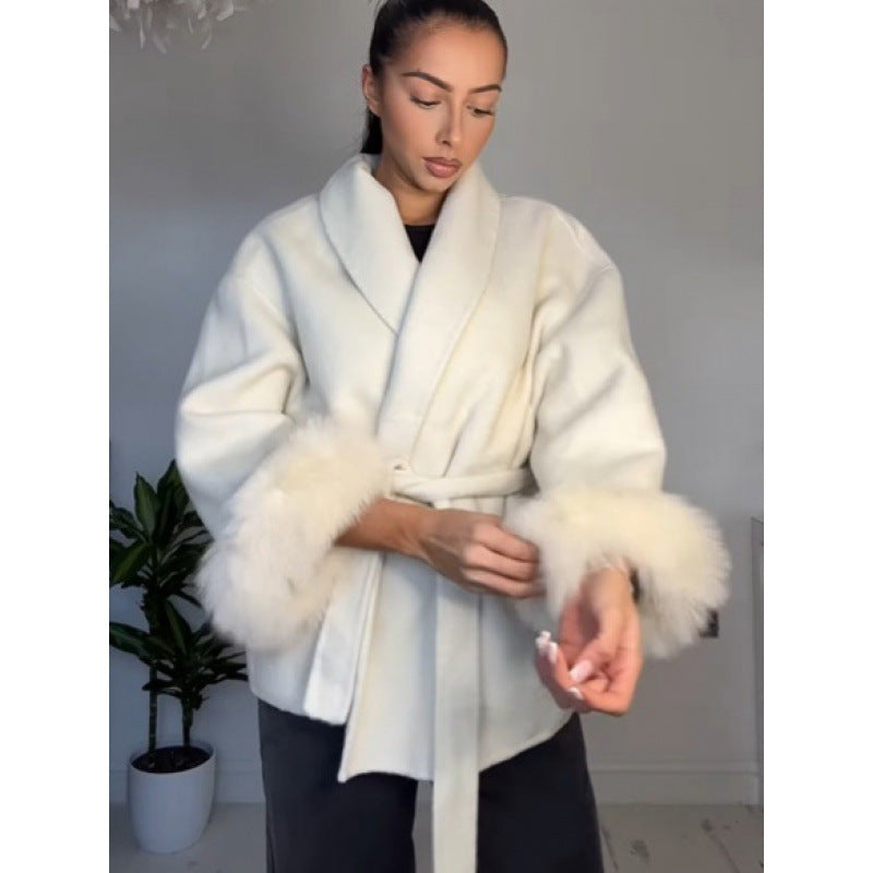 Damen Fuzzi-Robenjacke mit elegantem Gürtel und luxuriösen Ärmeln aus Plüsch R&B