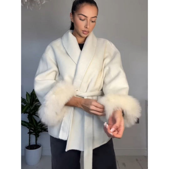 Damen Fuzzi-Robenjacke mit elegantem Gürtel und luxuriösen Ärmeln aus Plüsch R&B