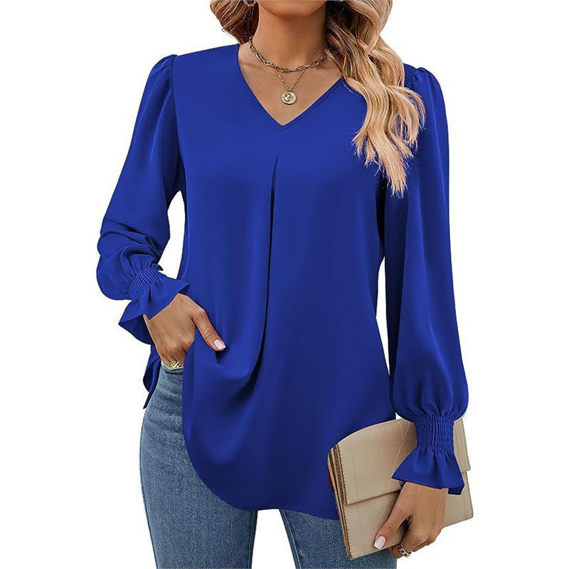 Damen fließende V-Ausschnitt Bluse mit eleganten Puffärmeln R&B