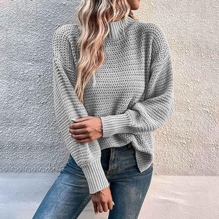 Damen modischer Strickpullover mit hohem Kragen und strukturiertem Muster R&B