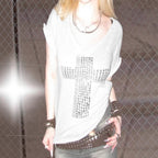 Damen stylisches Oversized T-Shirt mit Kreuz-Print und Glitzerdetails R&B