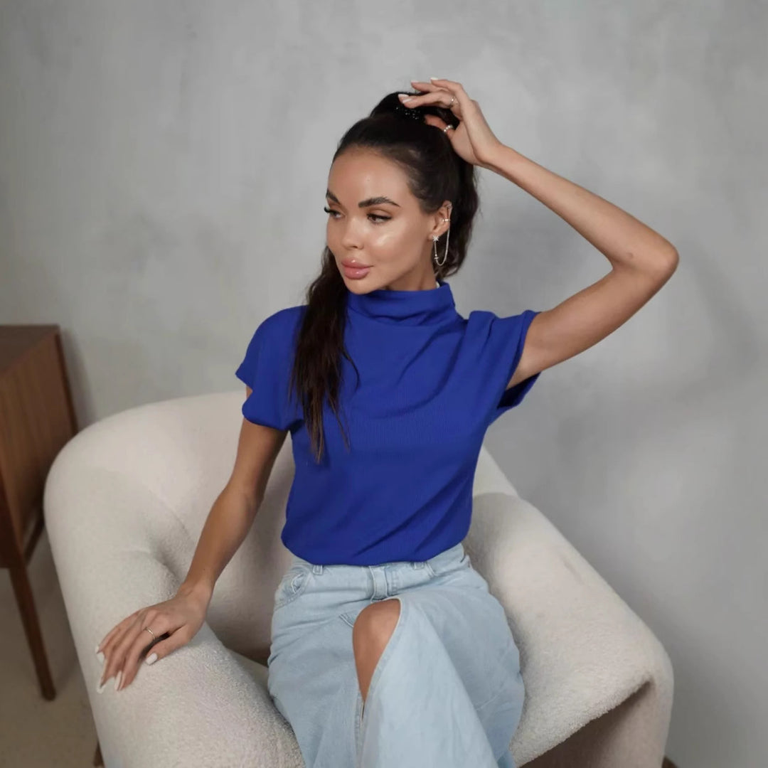 Damen modernes Kurzarm-Oberteil mit hohem Stehkragen und strukturiertem Design R&B