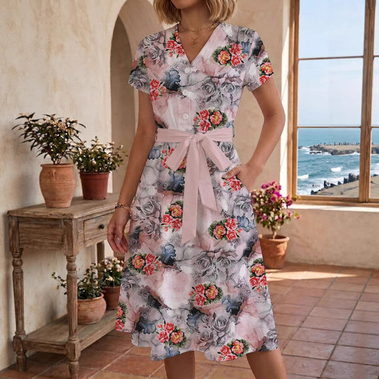 Damen Sommerliches Kleid mit taillierbarem Bindegürtel und floralem Muster R&B