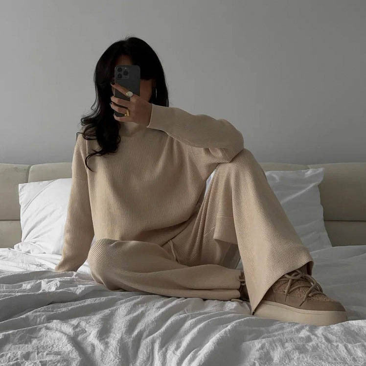 Damen elegantes und lässiges Strickset mit hochgeschlossenem Kragen R&B