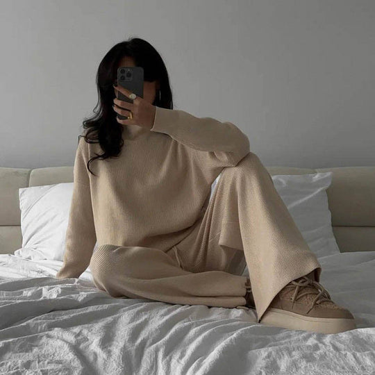 Damen elegantes und lässiges Strickset mit hochgeschlossenem Kragen R&B