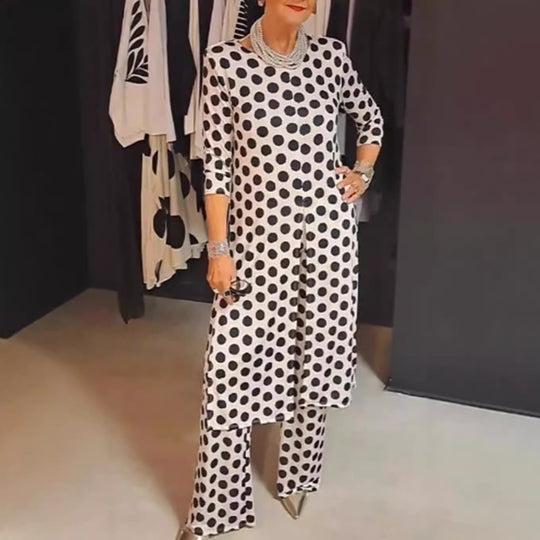 Damen nan Pünktchen-Lounge-Ensemble mit langer A-Linien-Tunika, mittigem Frontschlitz und weiter Palazzohose R&B