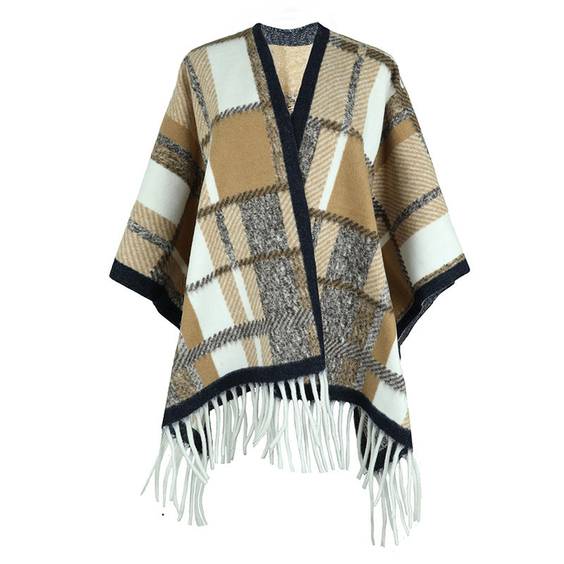 Damen eleganter Poncho mit modernem Karomuster und Fransen R&B