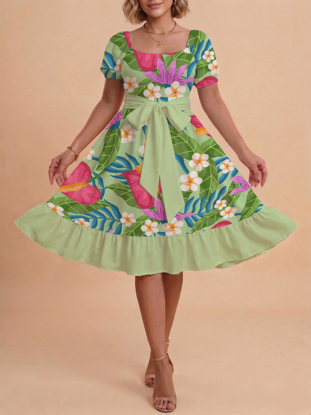 Damen elegantes Maxikleid mit floralem Design und Taillengürtel R&B