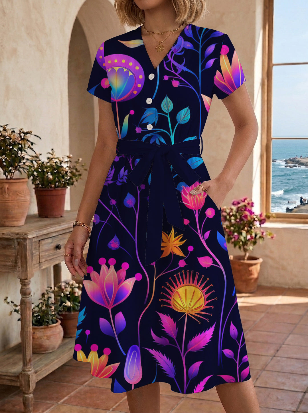 Damen Midikleid mit floralem Motiv und Taillengürtel R&B