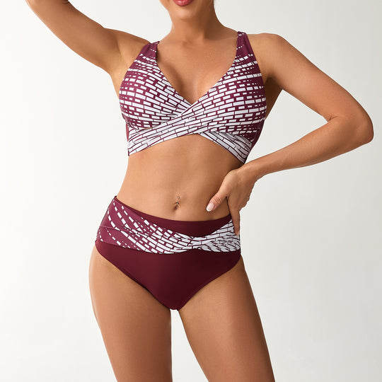 Damen Hochtailliertes Bikini-Set mit geschnürtem Oberteil und grafischen Akzenten R&B