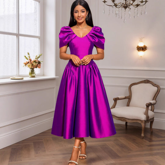 Damen Elegantes Satin Abendkleid mit voluminösen Puffärmeln R&B