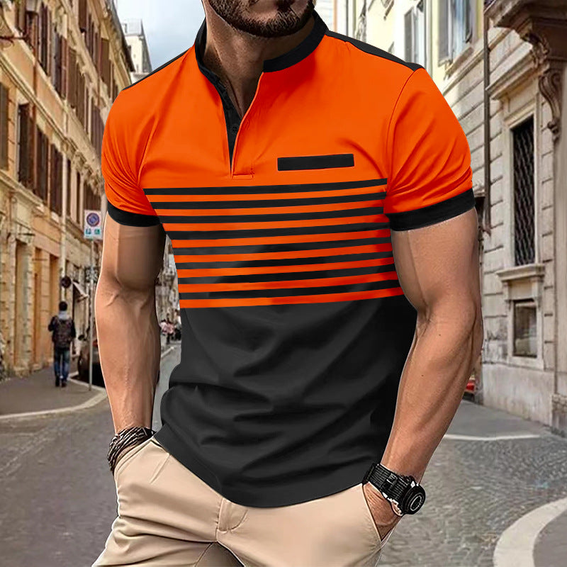 Herren nan kurzärmeliges Streifen-Kurzarmshirt mit Knopfleiste, Stehkragen und Brustpaspel R&B