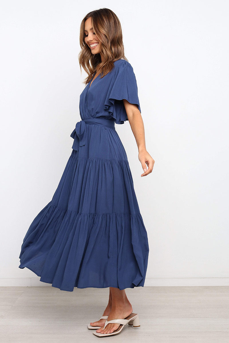 Damen Maxikleid mit tiefem V-Ausschnitt und schwingenden Ärmeln R&B
