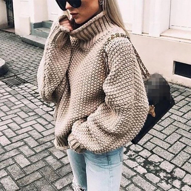 Damen Grobstrick Pullover mit Stehkragen und voluminösen Ärmeln R&B